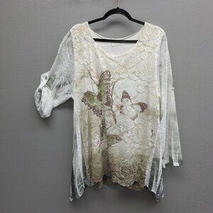 Shirt Womens Large Lace Butterfly Boho Scoop Neck Tunic Top Made Italy